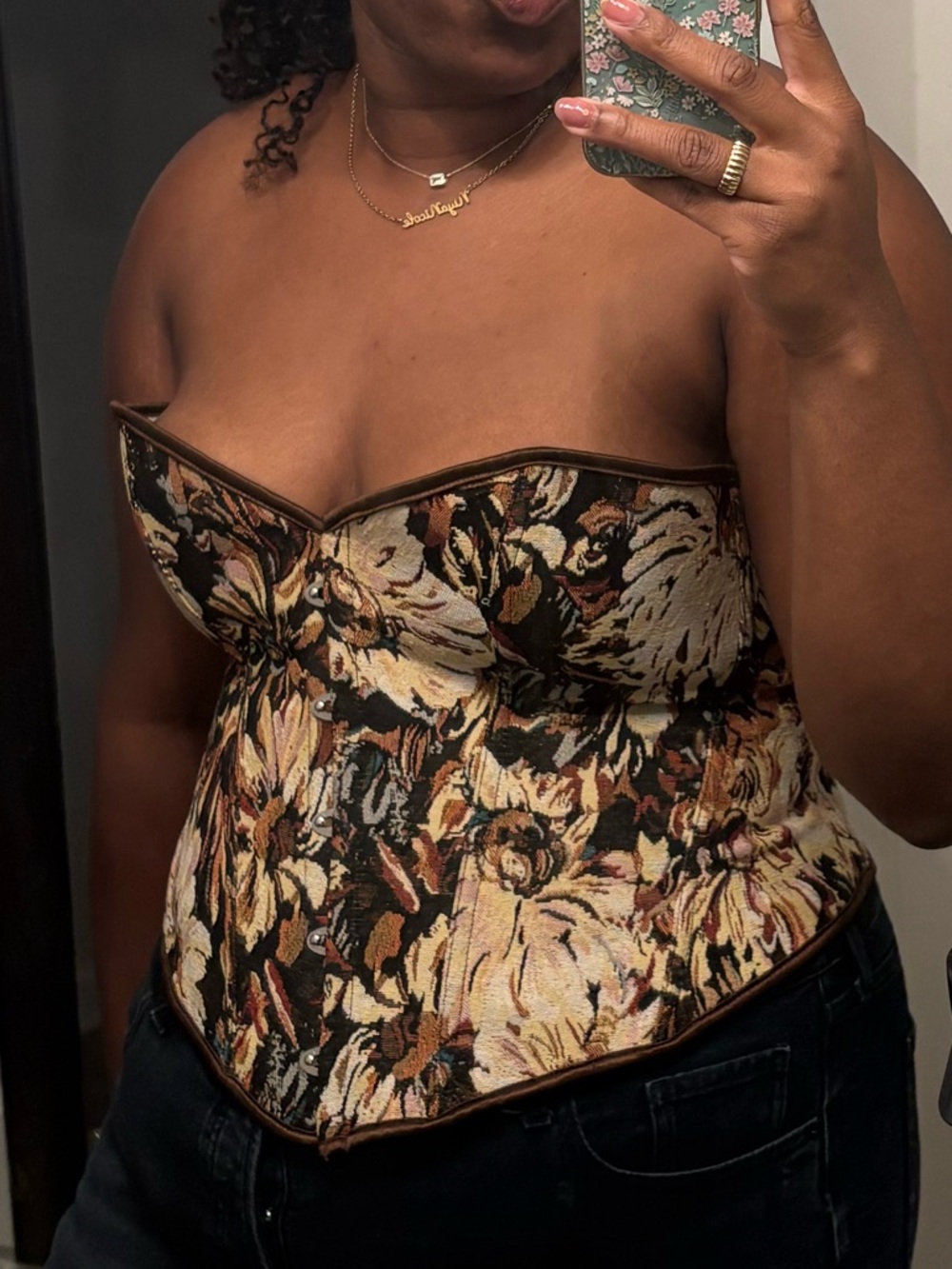 Floral Strapless Corset Top - Brown & Cream